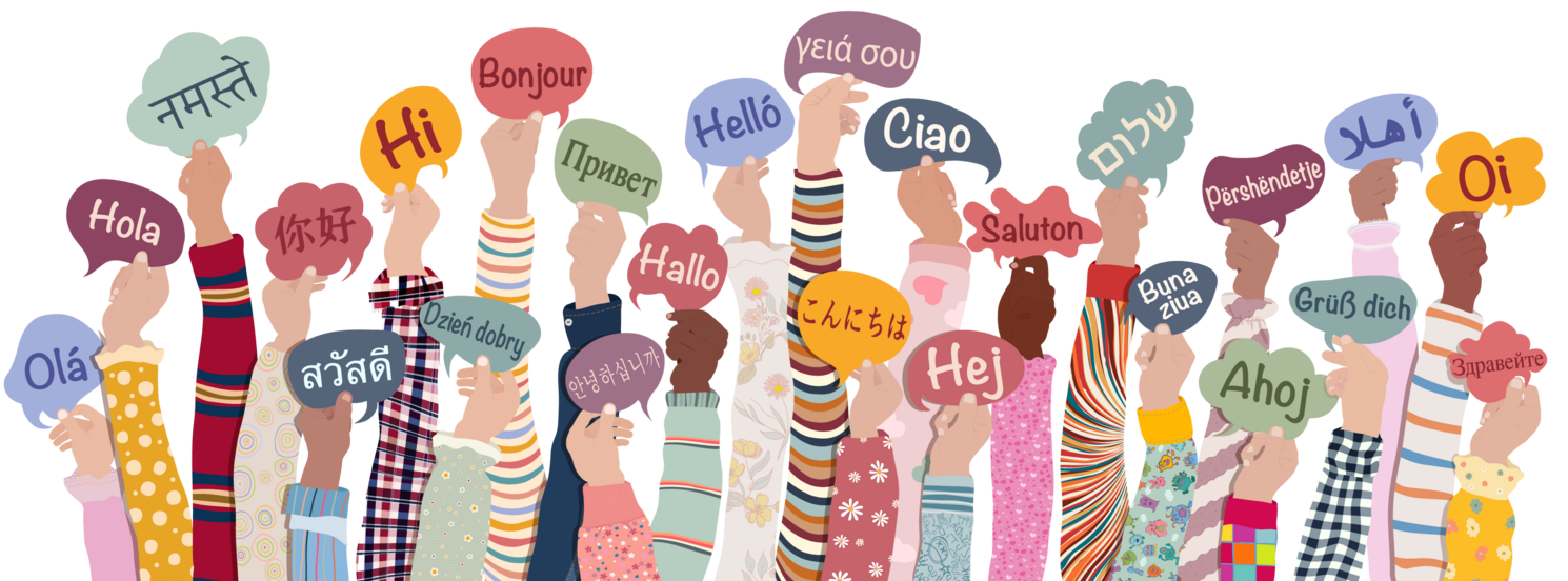 Hände halten Willkommensschilder auf unterschiedlichen Sprachen